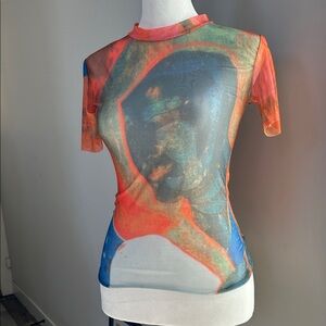 Color-Pop Sheer Short Sleeve Tee, Blue & Orange XS